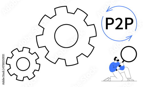 Two interlocking gears, a figure analyzing a magnified P2P concept, and circular arrows. Ideal for teamwork, technology, networks, innovation, problem-solving automation efficient processes. A