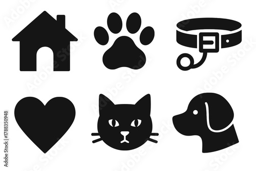Pet Care Icons. Domestication Essentials silhouette icon set: house, paw print, collar, bowl, leash, heart, cat, dog.