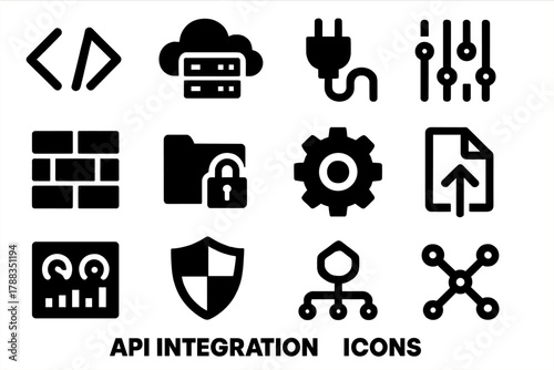 Brutalist API Icons Set. API Integration silhouette icon set: code brackets, cloud server, connection plug, data stream, firewall grid, secure folder, gear wheel, document icon,