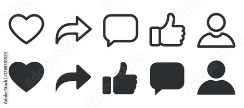 Social media icon set for like share comment friend follow vector isolated user interface app icon clean composition 120 characters
