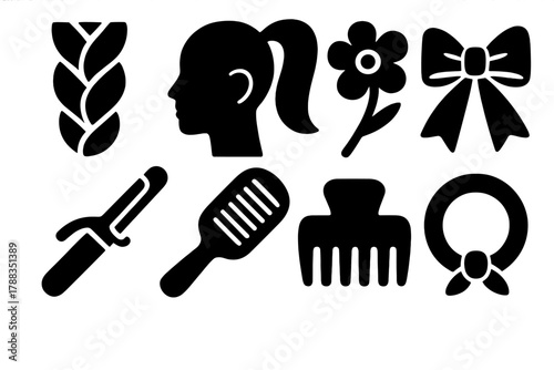 Bold Hair Styling Icons. Creative Hair Styling Set silhouette icon set: braid, ponytail, flower pin, ribbon, curling iron, brush, clip, hair tie.