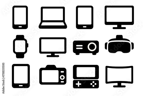 Digital Device Icons. Digital Screens silhouette icon set: smartphone, laptop, tablet, desktop monitor, smartwatch, TV, projector, VR headset, e-reader, camera screen, game console