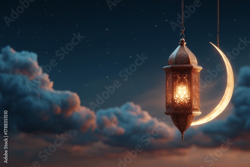 Lantern Hanging From a Crescent Moon Amidst a Starry Night Sky