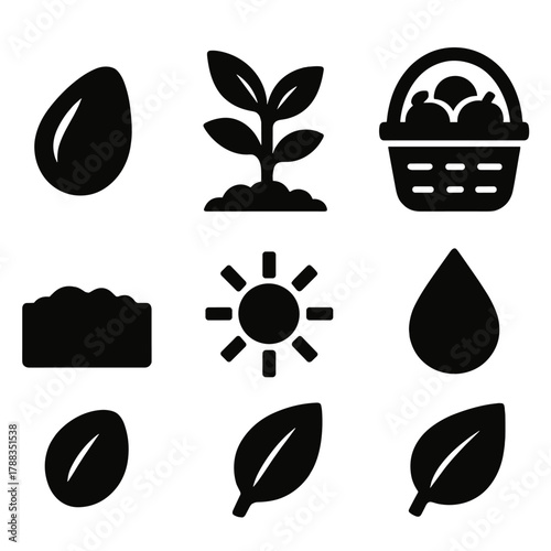 Farming Icon Set. Farming Cycle silhouette icon set: seed, sprout, plant, harvest basket, soil, sun, droplet, leaf.