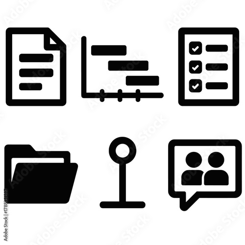 Brutalist Project Icons. Project Documentation silhouette icon set: report file, timeline chart, task list, project folder, milestone icon, collaboration note.