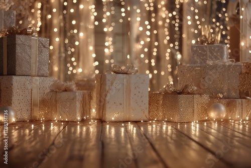 Holiday Gifts Arranged Beautifully Under Warm Lights in a Cozy Setting