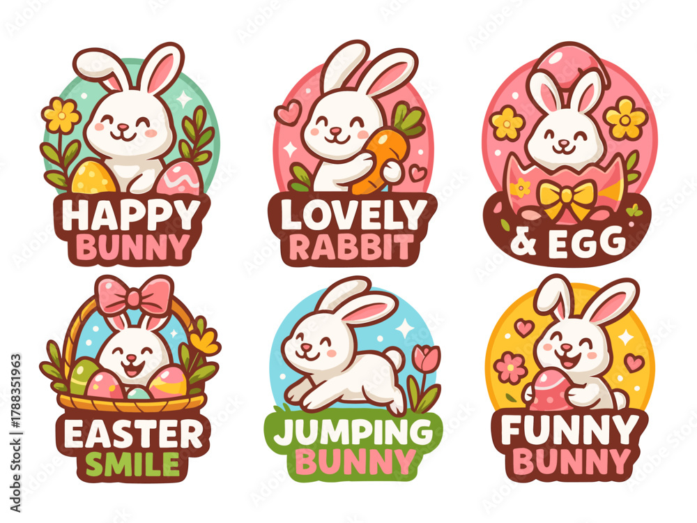 Fototapeta premium Cute bunny easter badges, rabbit spring stickers