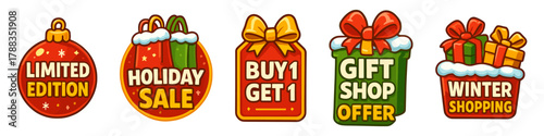 Christmas shopping cartoon badges, holiday gift offers