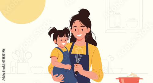A happy Asian mother in an apron holds her smiling young daughter, both ready to bake together in a cozy kitchen setting.