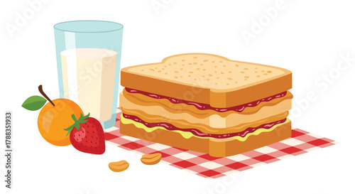 A delicious and colorful breakfast or lunch featuring a classic peanut butter and jelly sandwich, milk, an orange, and a strawberry.