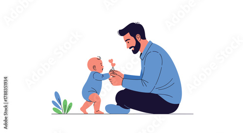 Father sits with his infant, offering a small toy with heart shapes, as the baby takes tentative steps towards him.