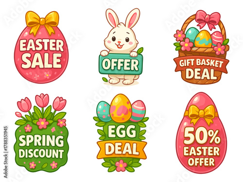 Easter sale cartoon icons, spring discount labels
