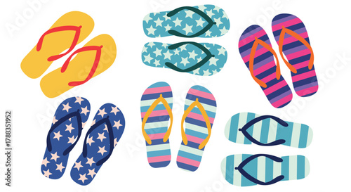 A vibrant collection of colorful summer flip-flops with various patterns, perfect for beach days and warm weather vacations.