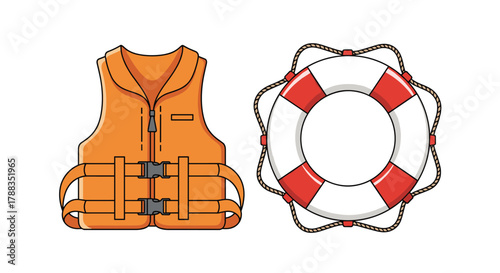 Essential water safety gear including an orange life vest with a zipper and buckles, alongside a traditional red and white life ring for emergencies.