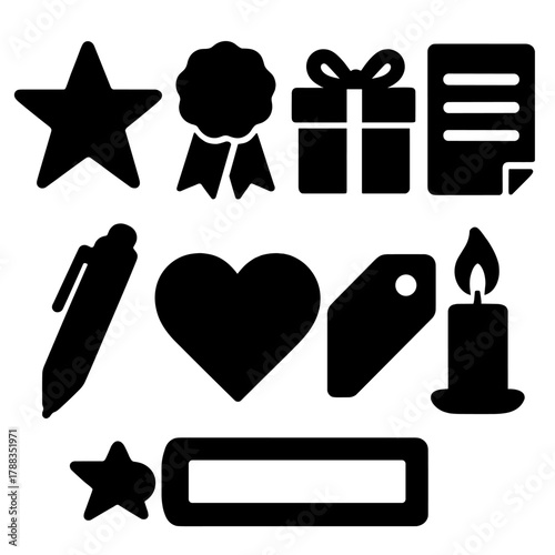Bold Holiday Icons. Holiday Wishlist Collection silhouette icon set: star, ribbon, present, note, pen, heart, tag, candle.