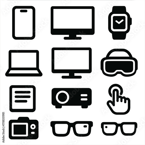 Brutalist Device Icons. Device Display silhouette icon set: smartphone, tablet, monitor, smartwatch, laptop, television, projector, VR headset, e-reader, camera screen, smart