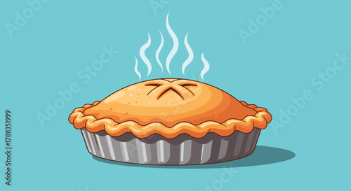 A warm, freshly baked pie with a golden crust and steam rising, presented in a metal dish against a solid blue background.