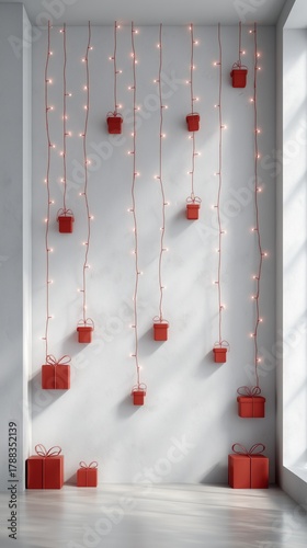 Festive Red Gift Boxes With Lights on a Wall for Holiday Celebration Decoration