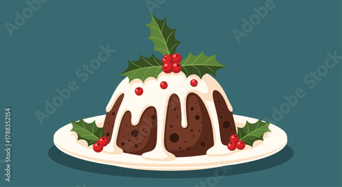 Delicious Christmas pudding served on a white plate, adorned with creamy white icing and festive green holly leaves with red berries, set against a teal background.