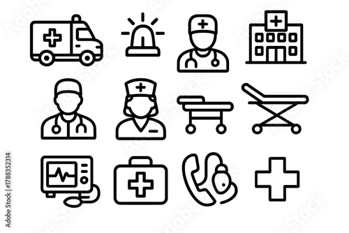 Emergency Response Icons. Emergency Response linear icon set: ambulance, siren, hospital, doctor, nurse, stretcher, heart monitor, first aid kit, oxygen mask, defibrillator, phone,