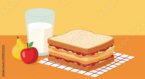 A wholesome and colorful meal set with a triple-decker peanut butter and jelly sandwich, milk, and healthy fruit.