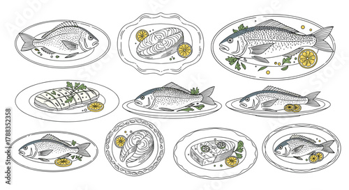Collection of hand-drawn fish dishes and seafood illustrations, featuring whole fish, fillets, and steaks served on plates with lemon and herbs.