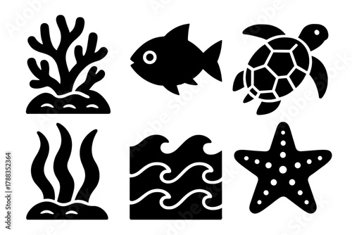 Bold Marine Icons. Marine Ecosystem silhouette icon set: coral reef, fish, sea turtle, seaweed, waves, starfish.