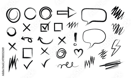 Collection of hand drawn sketch elements like circles crosses speech bubbles and arrows