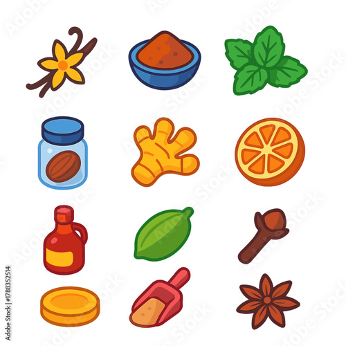 Flavored Mix Icons. Flavored Mixes modern flat icons set: vanilla pod, cocoa powder, peppermint leaf, dried orange slice, nutmeg jar, ginger root, cardamom pod, clove, syrup bottle