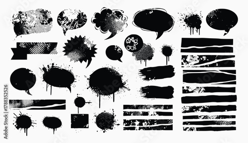 Ink Splatter & Comic Bubble Pack – Abstract Blots, Brush Strokes & Dialogue Frames in Black on White
