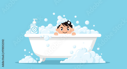 A happy cartoon child with dark hair smiles playfully from a white bathtub overflowing with cheerful soap bubbles, next to a white soap dispenser.