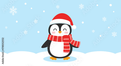 A happy cartoon penguin wearing a red Santa hat and striped scarf smiles in a snowy winter landscape with falling snowflakes.