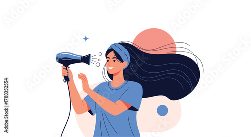 Happy young woman in blue casual attire and headband blow-drying her long dark hair after a shower, illustrating self-care.