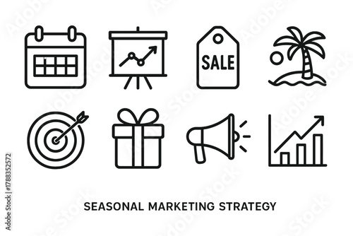 Strategic Marketing Icons. Seasonal Marketing Strategy linear icon set: calendar page, marketing board, sale label, holiday icon, target arrow, festive gift, megaphone, upward