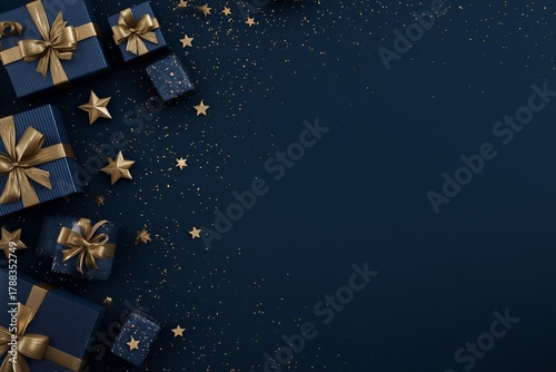 Beautifully Wrapped Gifts and Golden Stars on Dark Blue Background for Festiv...