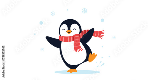A happy cartoon penguin wearing a red striped scarf joyfully ice skates or slides on a snowy surface amidst falling snowflakes, celebrating winter.