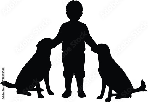 Silhouette of young boy with two dogs sitting beside, friendship, loyalty, childhood bond, pet care, outdoor family love concept