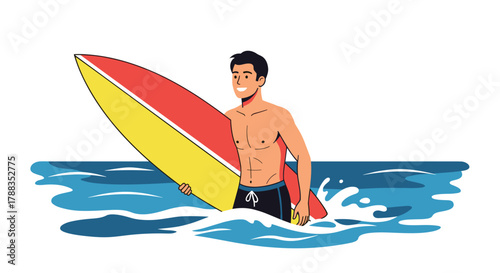 A smiling young man in swim shorts holding a red and yellow surfboard stands confidently in the ocean water, ready for a day of summer surfing.