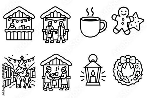 Winter Market Vibes. Winter Market Streets linear icon set: wooden stalls, string lights, steaming cocoa cup, gingerbread cookies, snow-covered roofs, people shopping, lantern glow