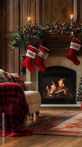 Cozy Christmas Living Room With Stockings and Warm Fireplace During Holiday S...