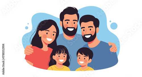 A joyful family of five, including three adults and two children, smiling together in a warm and supportive embrace.