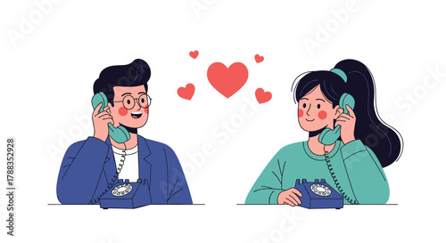 A cheerful man and woman connect through a long-distance phone call using retro rotary phones, expressing their love with floating heart icons.