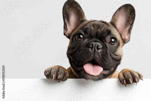 French Bulldog With a Happy Expression Peeking Over a Blank Surface at Home