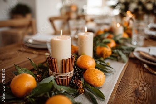 Festive Table Decoration With Candles, Oranges, and Greenery for Holiday Cele...