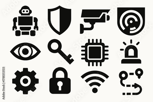 Security Icons Collection. AI-Driven Security Robots Icons silhouette icon set: robot, shield, camera, radar, eye, key, data chip, alarm light, gear, lock, Wi-Fi signal, patrol