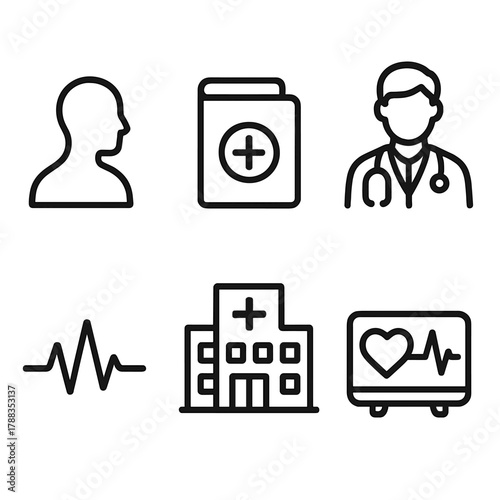 Patient Care Icons. Patient-Centered Care linear icon set: profile icon, medical file, doctor, pulse, hospital, heart monitor.