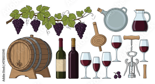 Detailed vector illustration set showcasing essential wine elements including grapevines, a barrel, bottles, glasses, and serving tools.