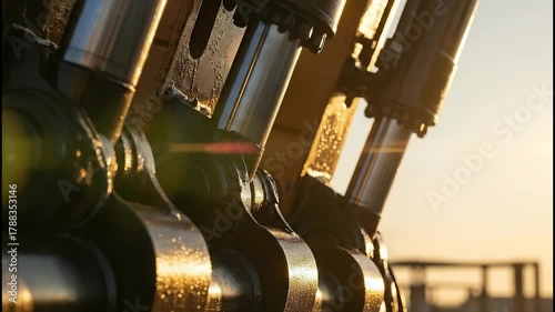 Heavy Machinery Hydraulic System Close-up at Sunset
