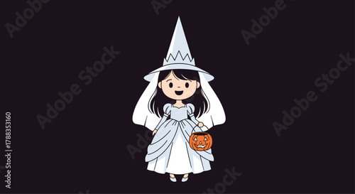 A charming cartoon girl dressed in a white Halloween witch costume with a pointed hat and veil, holding a pumpkin candy basket, ready for trick-or-treating.