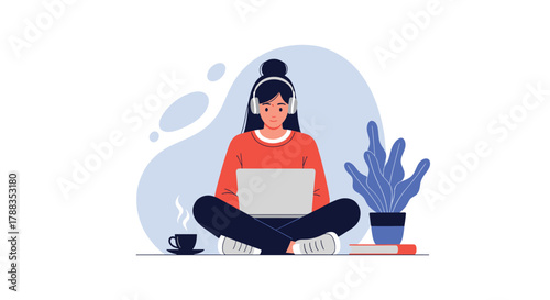 A young woman works remotely on her laptop while wearing headphones, enjoying a cup of coffee in a relaxed and comfortable home office environment.